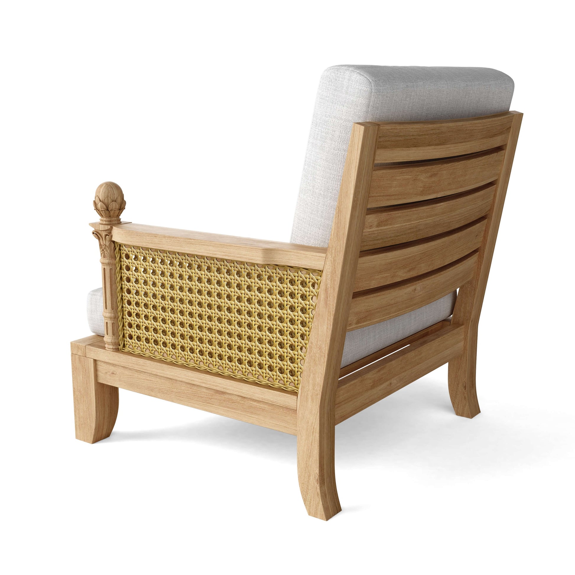 Wooden armchair with wicker backrest and gray cushion on a white background