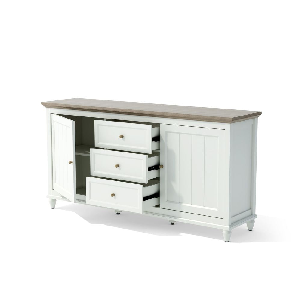 White sideboard with wooden top and drawers on a white background