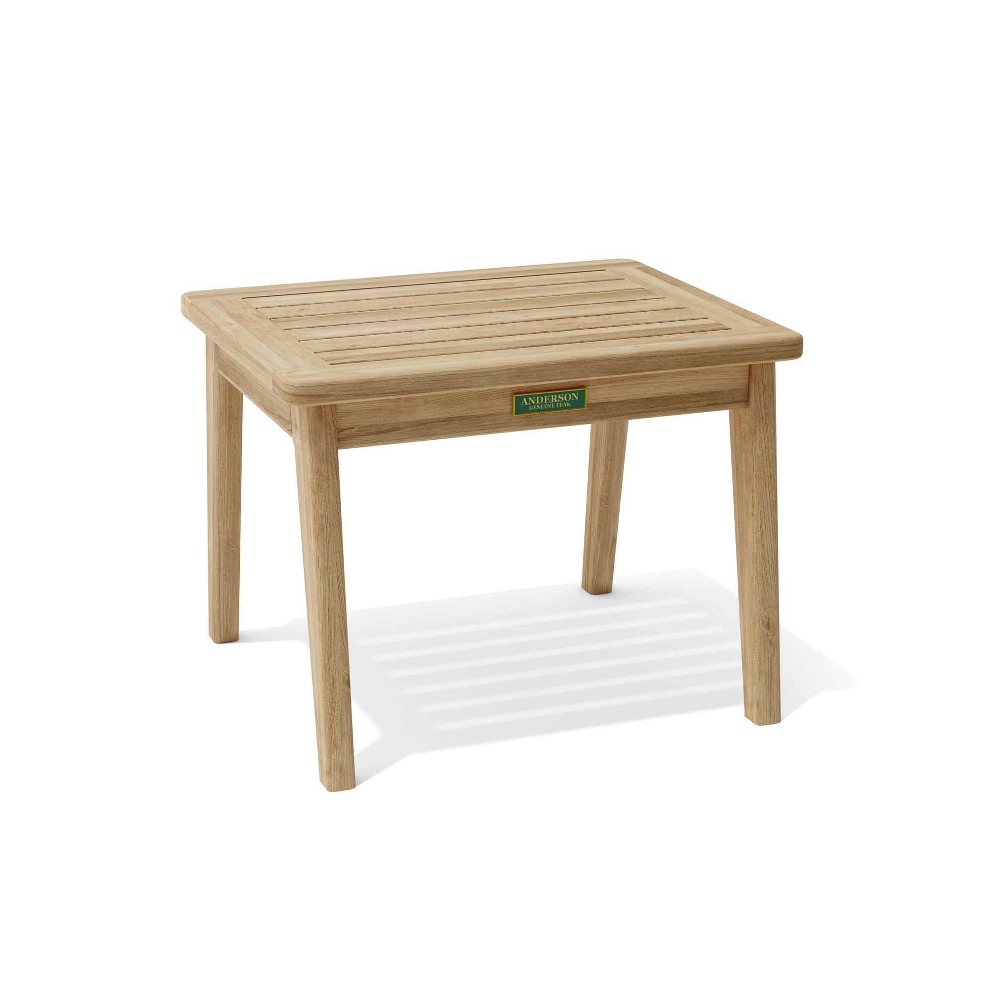 Wooden table with a brand label on a white background