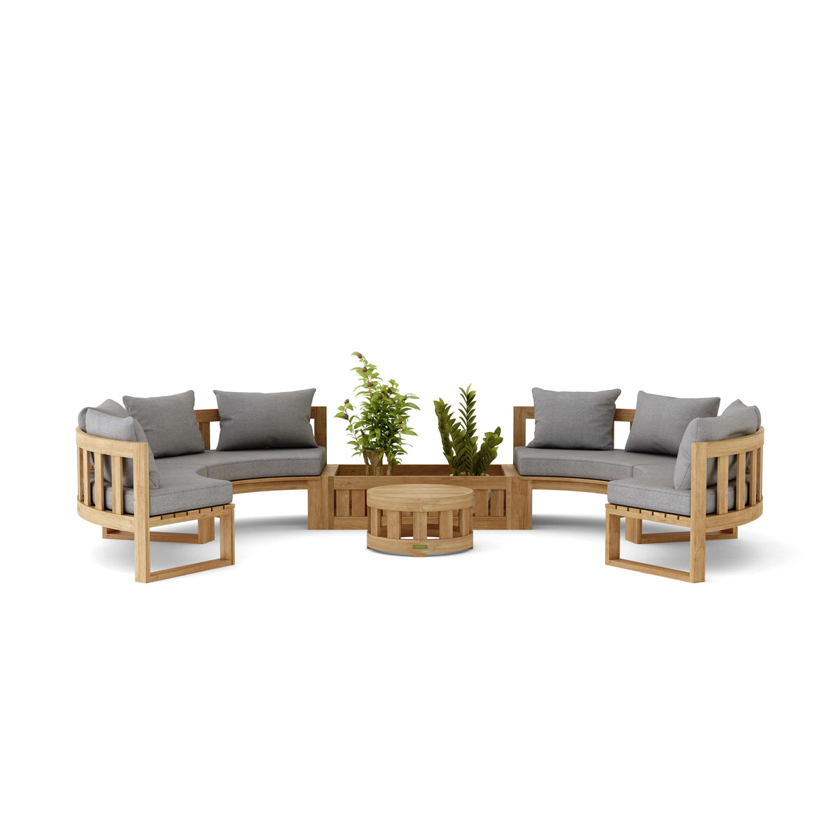 Outdoor furniture set with wooden frames and gray cushions on a white background