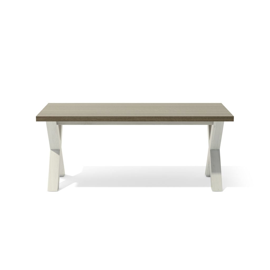 Rectangular table with a wooden top and white legs on a white background