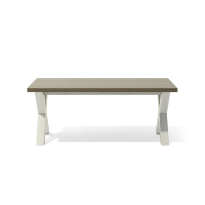 Rectangular table with a wooden top and white legs on a white background