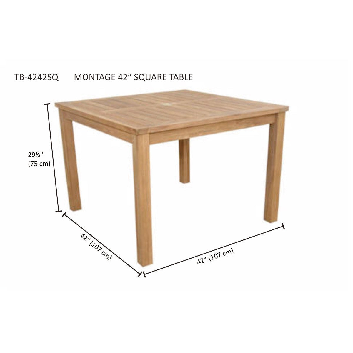 Wooden square table with dimensions labeled on a white background