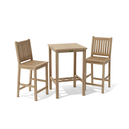 Wooden bar height table with two matching chairs on a white background