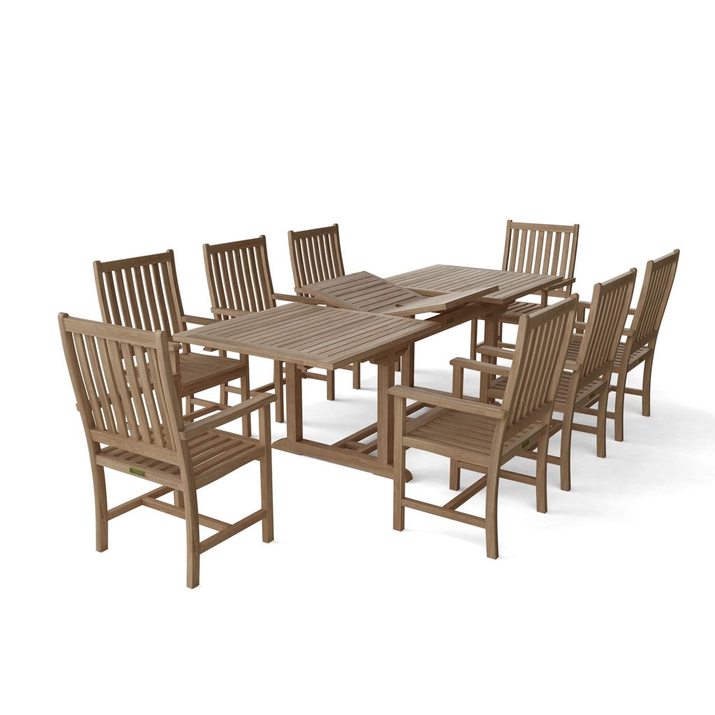 Wooden outdoor dining set with table and chairs on a white background