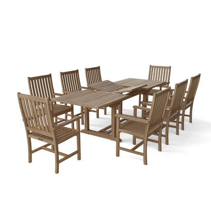 Wooden outdoor dining set with table and chairs on a white background