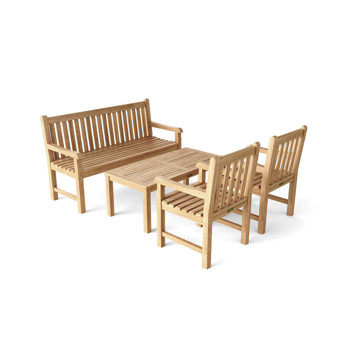 Wooden outdoor furniture set with bench, table, and chairs on a white background