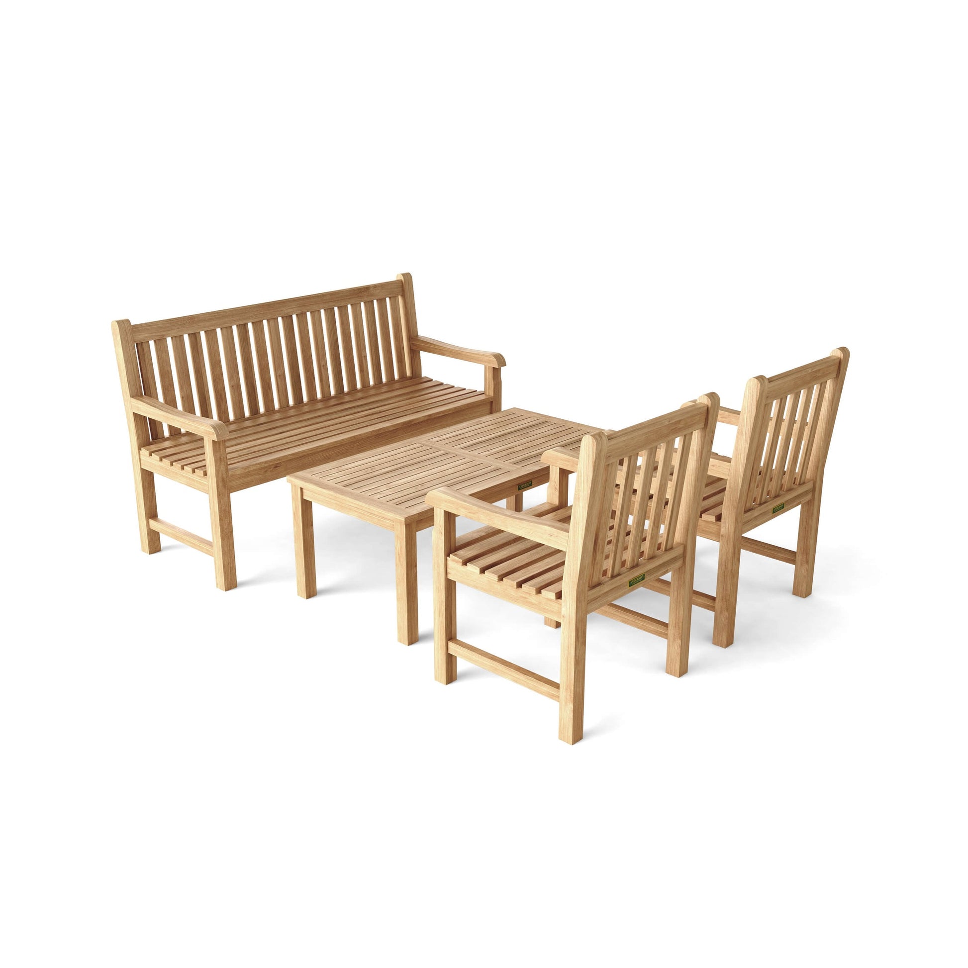 Wooden outdoor furniture set with bench, table, and chairs on a white background