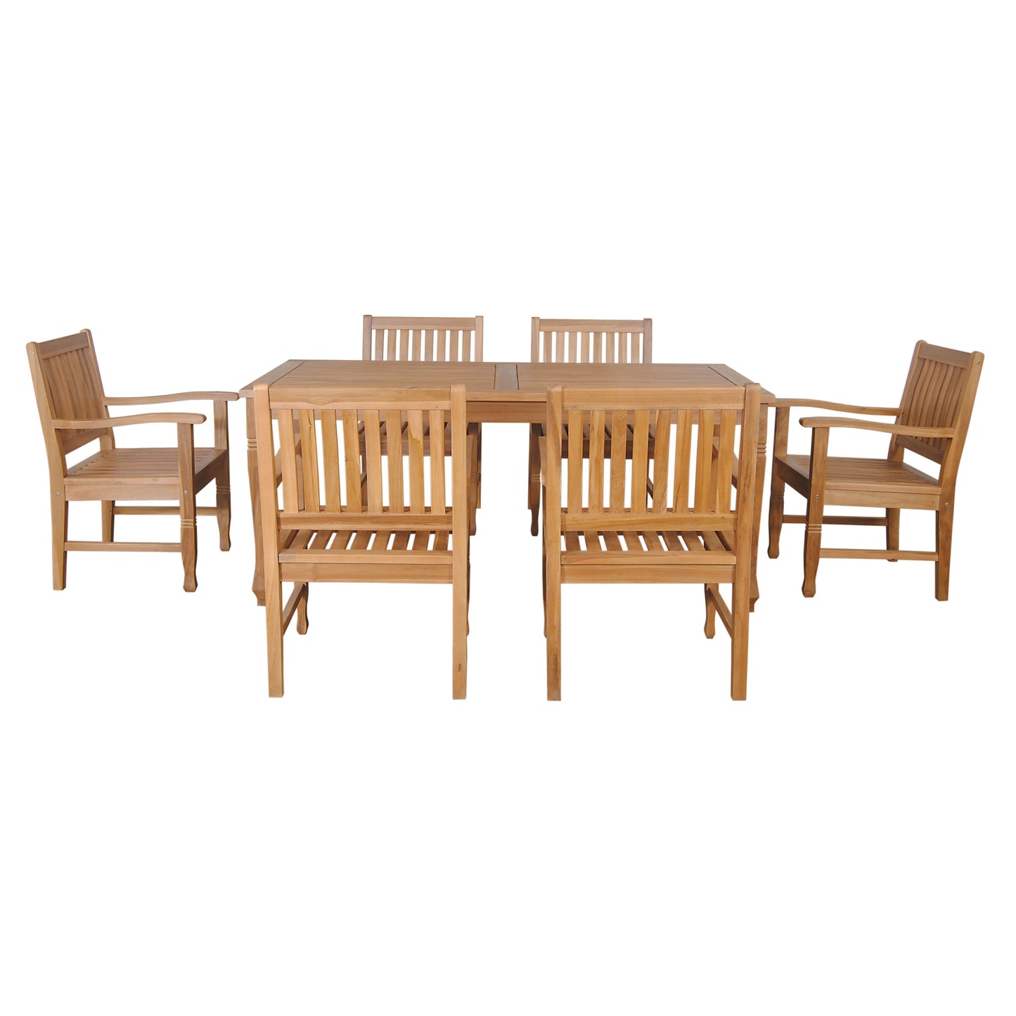 Wooden outdoor furniture set with a table and four chairs on a white background