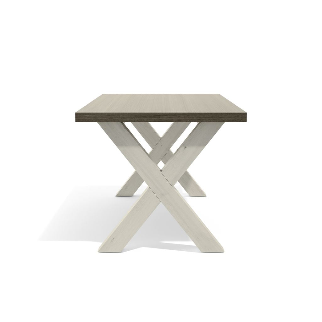 Square table with a concrete top and X-shaped metal legs on a white background