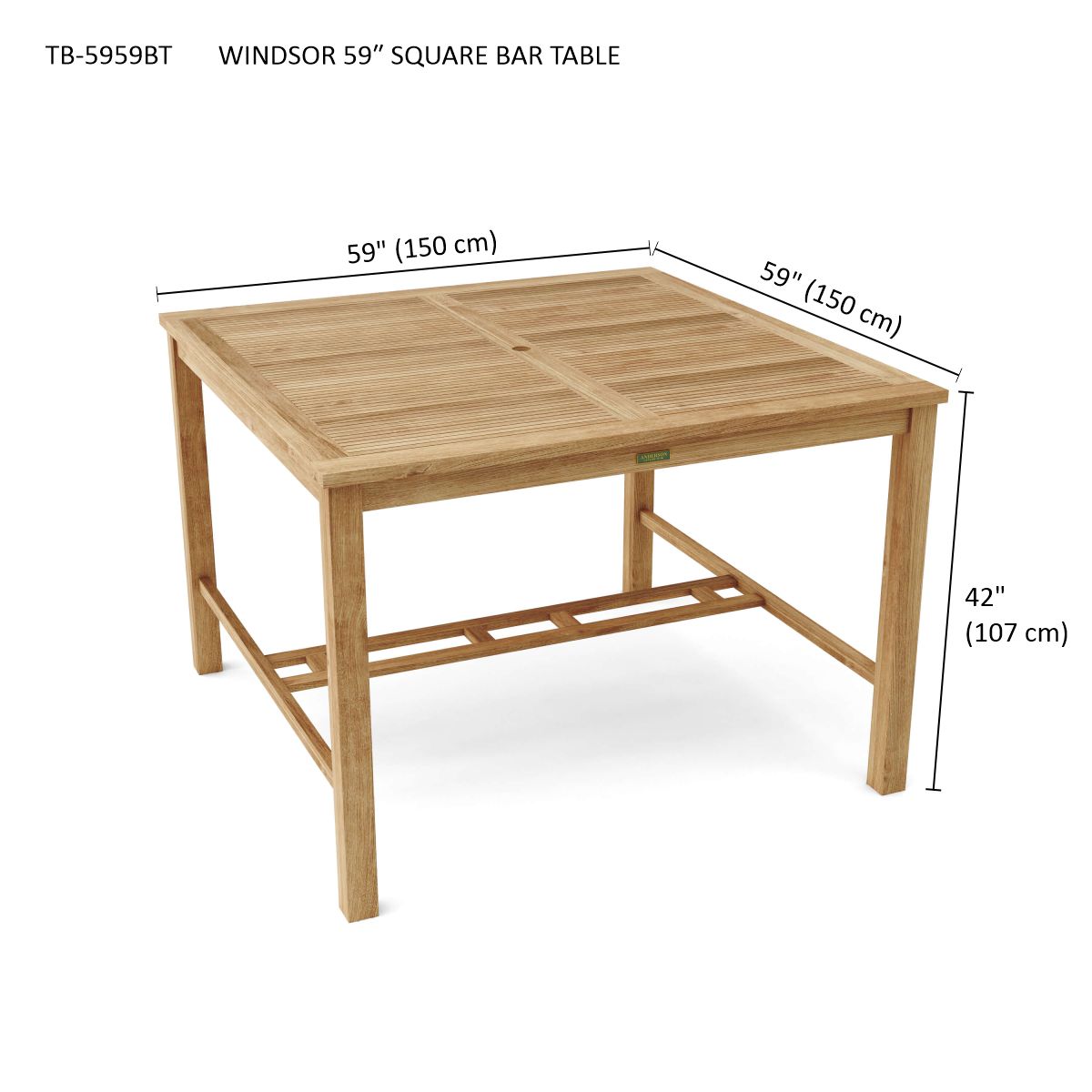Wooden square bar table with dimensions labeled on a white background