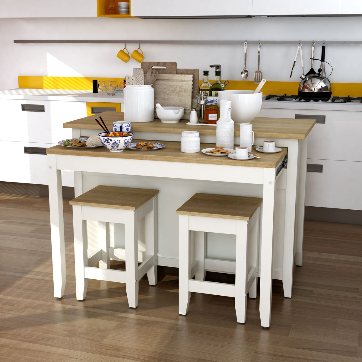 Kitchen with a wooden dining table and stools, set against a white kitchen backdrop.