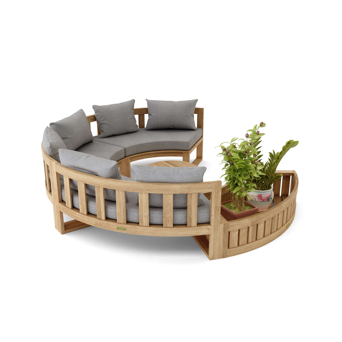 Round wooden outdoor sofa with gray cushions and a plant on a white background