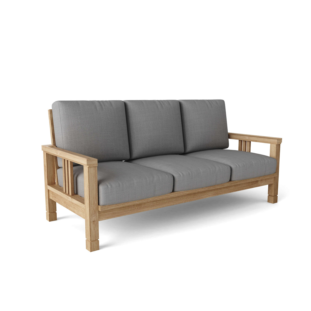 Wooden sofa with gray cushions on a white background