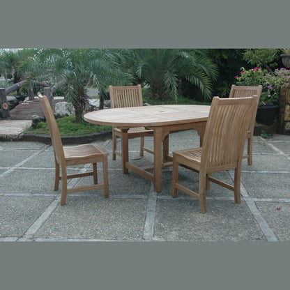 Wooden outdoor table with four matching chairs on a stone patio.