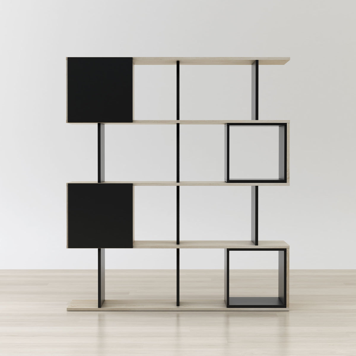 Modern bookshelf with geometric design on a plain background