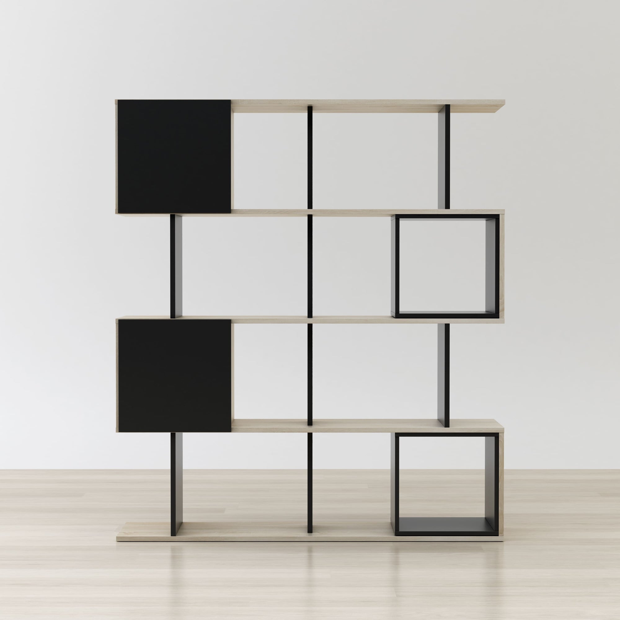 Modern bookshelf with geometric design on a plain background