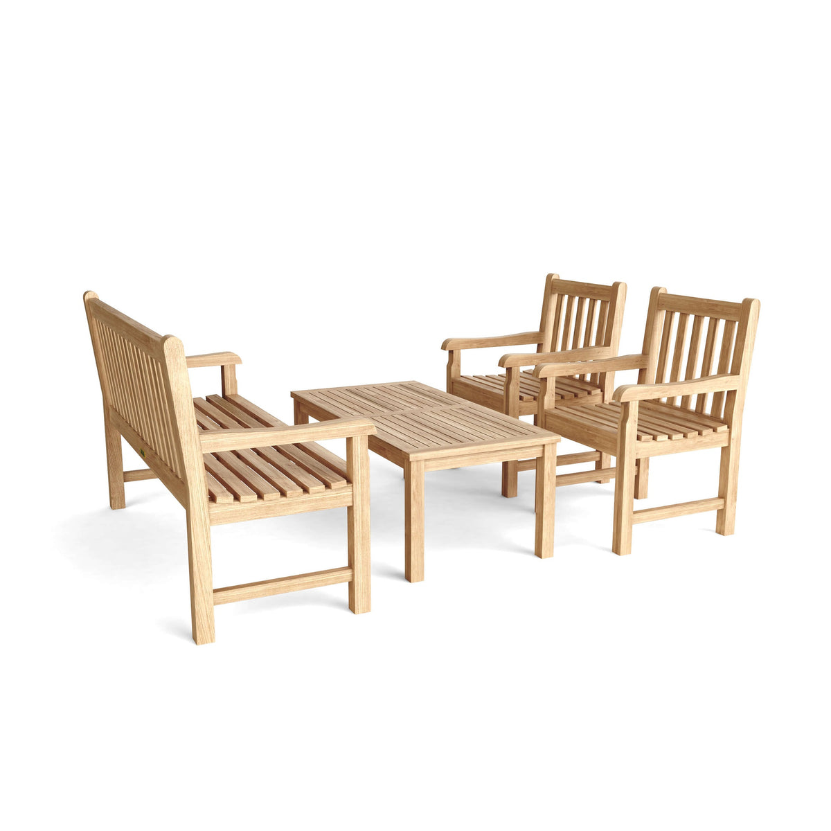 Wooden outdoor furniture set with table and chairs on a white background