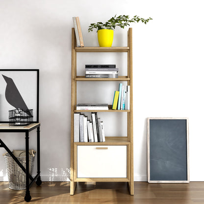 Wooden bookshelf with books and a plant in a yellow pot against a white wall.
