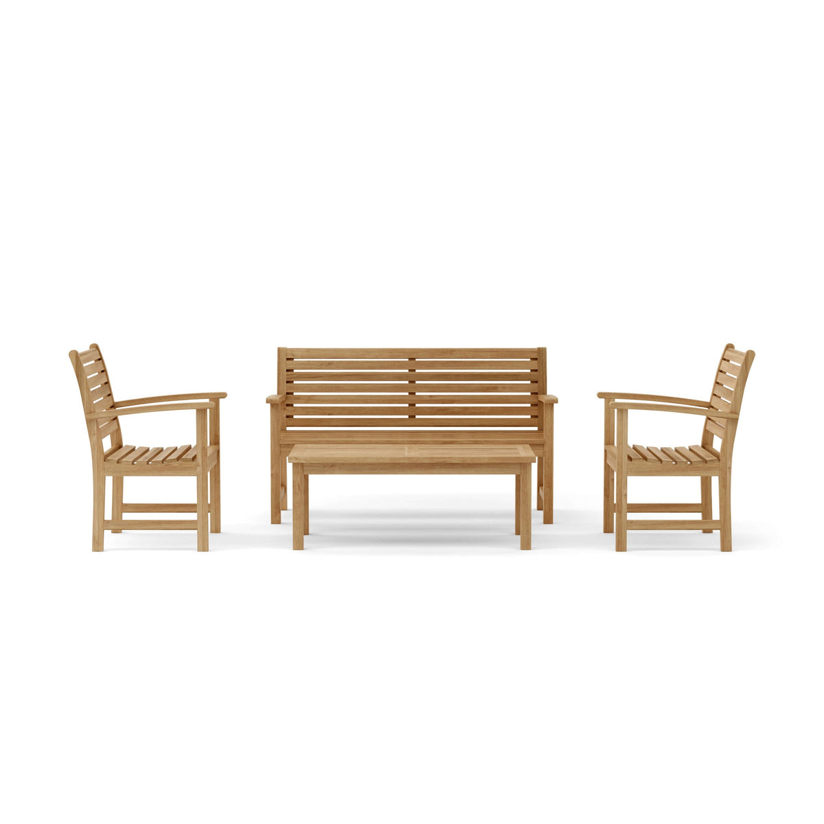 Wooden outdoor furniture set with two chairs and a bench on a white background