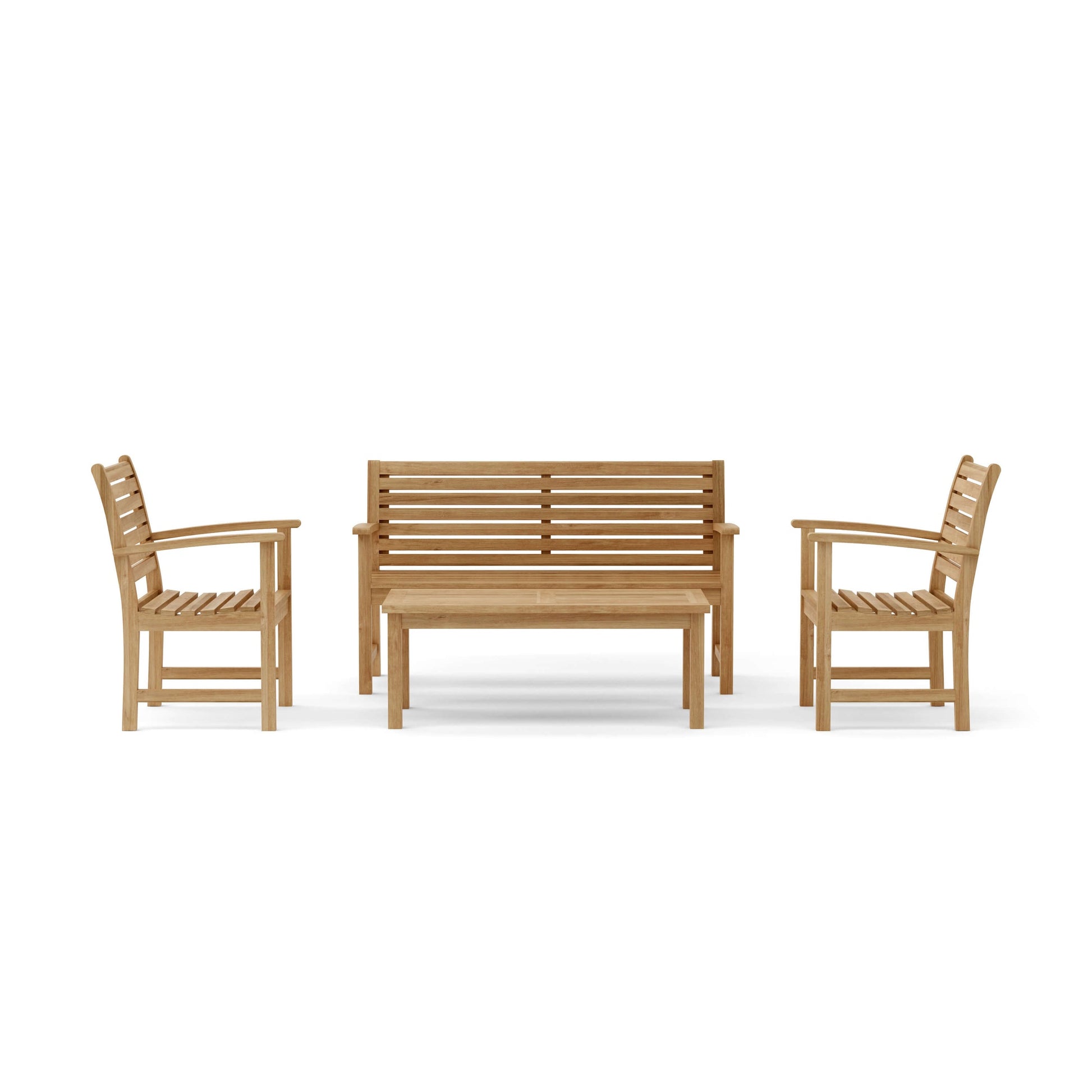 Wooden outdoor furniture set with two chairs and a bench on a white background