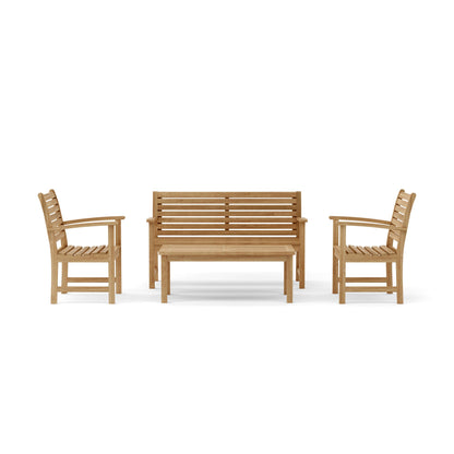 Wooden outdoor furniture set with two chairs and a bench on a white background