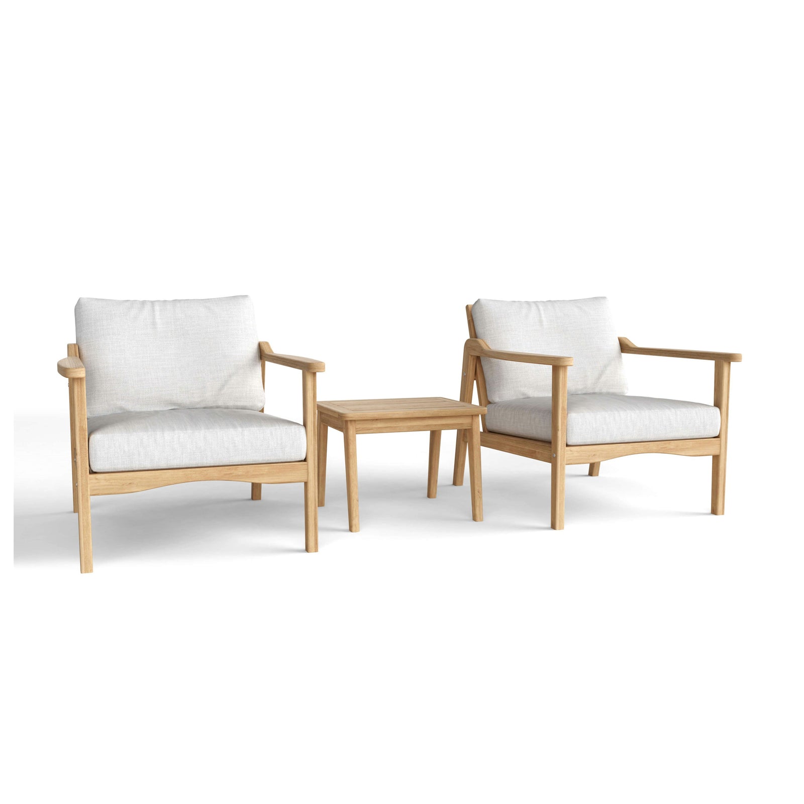Two wooden chairs with white cushions and a matching table on a white background