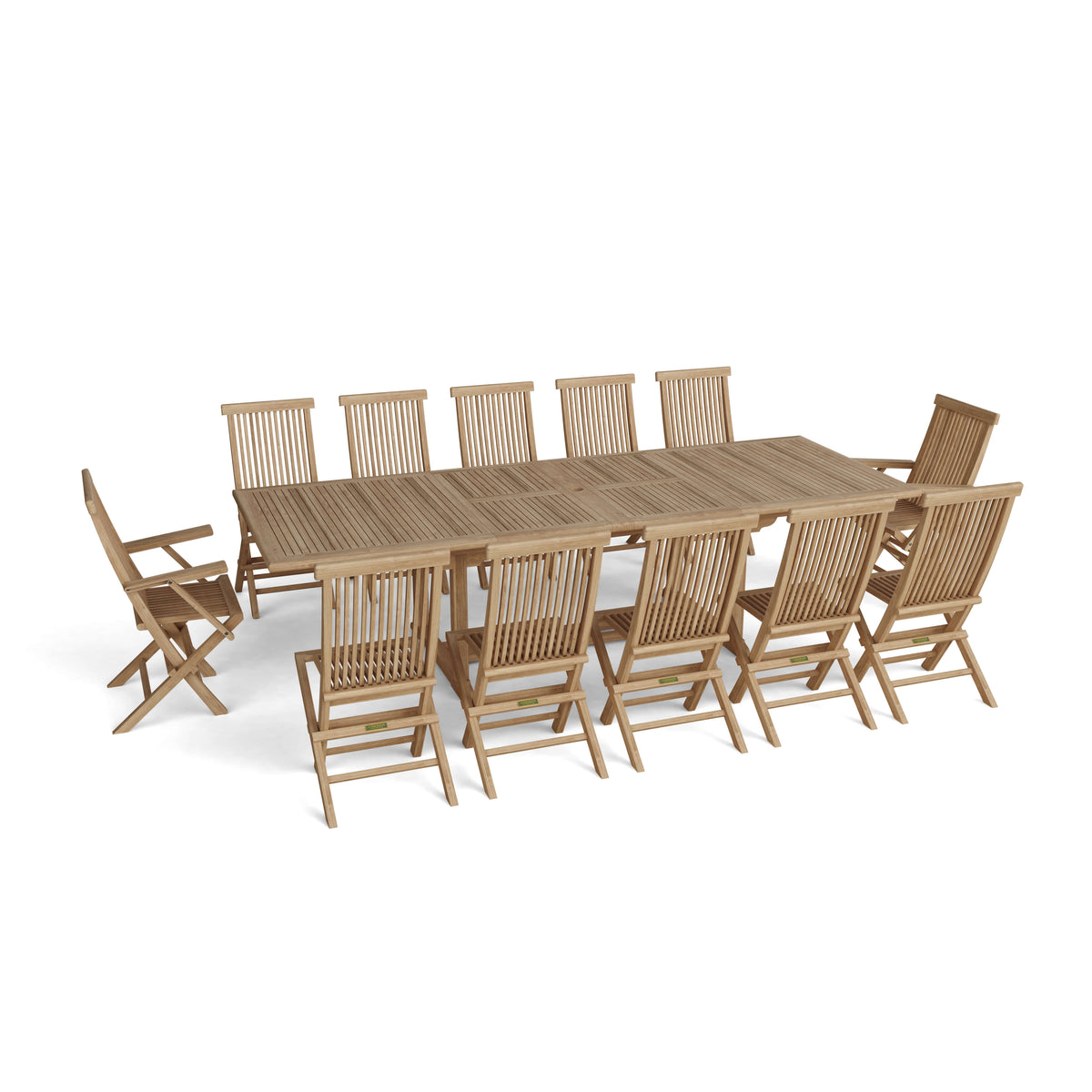 Wooden outdoor dining set with a table and chairs on a white background