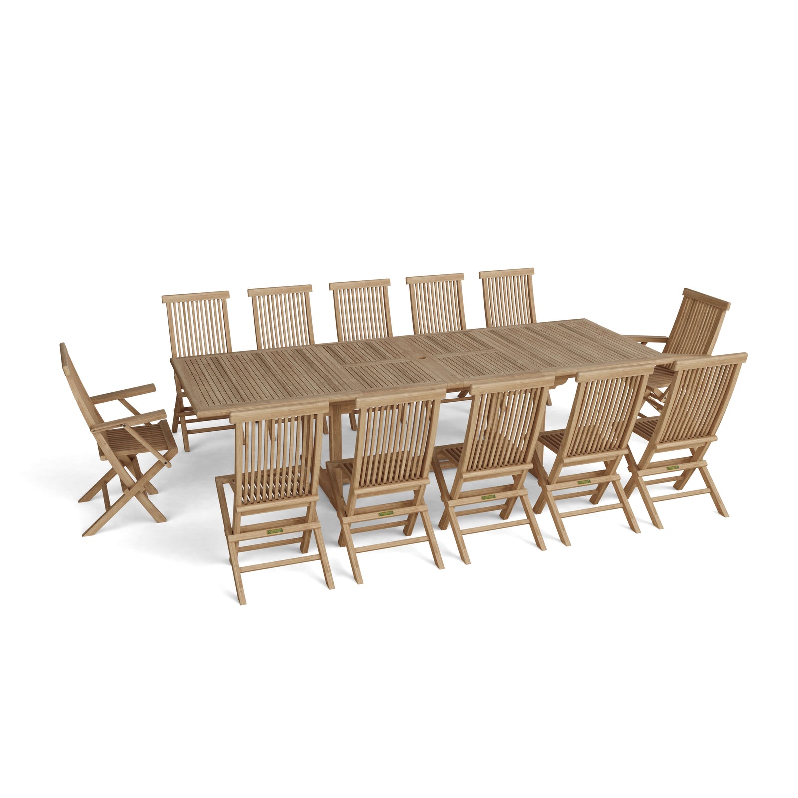 Wooden outdoor dining set with a table and chairs on a white background