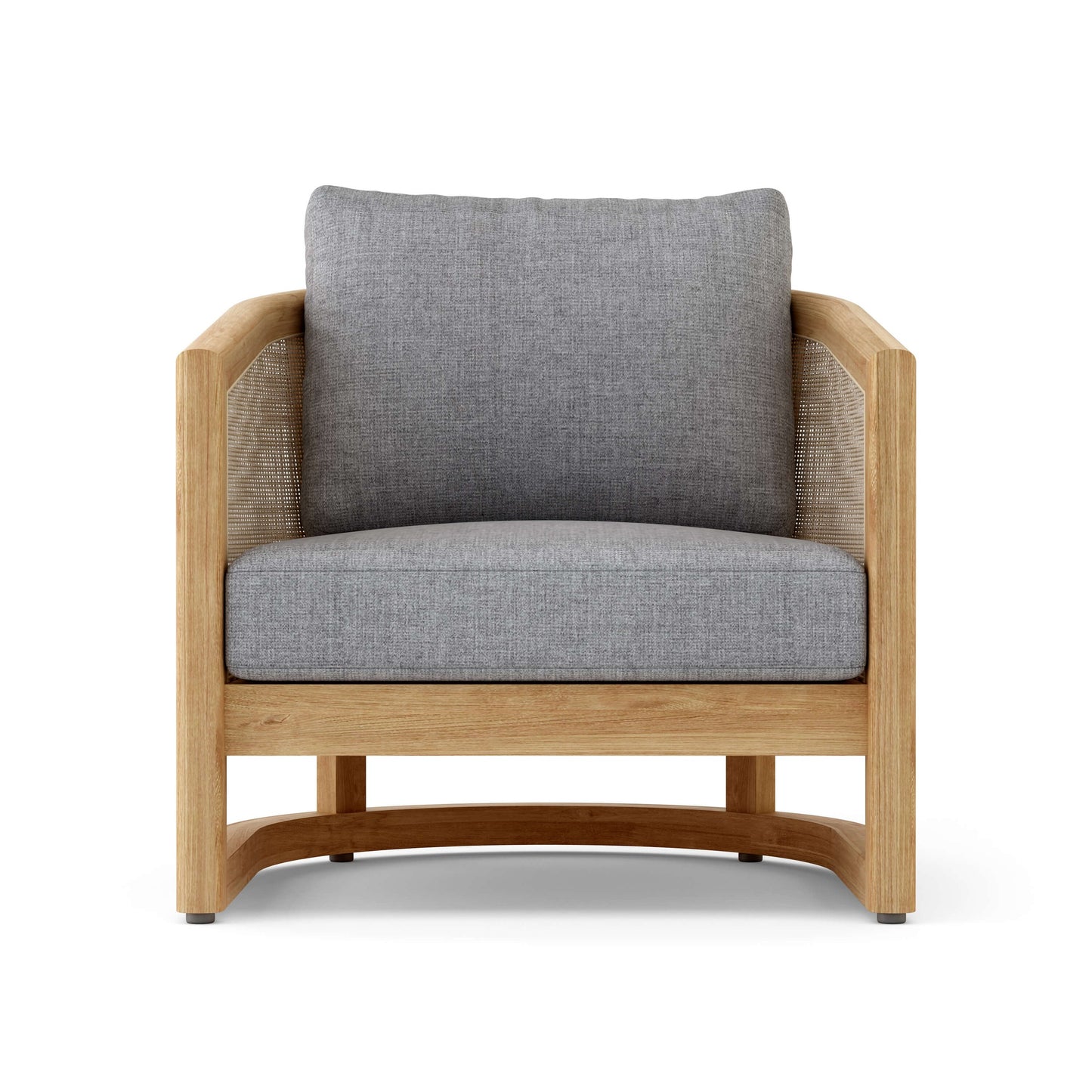 Chair with wooden frame and gray cushion on a white background