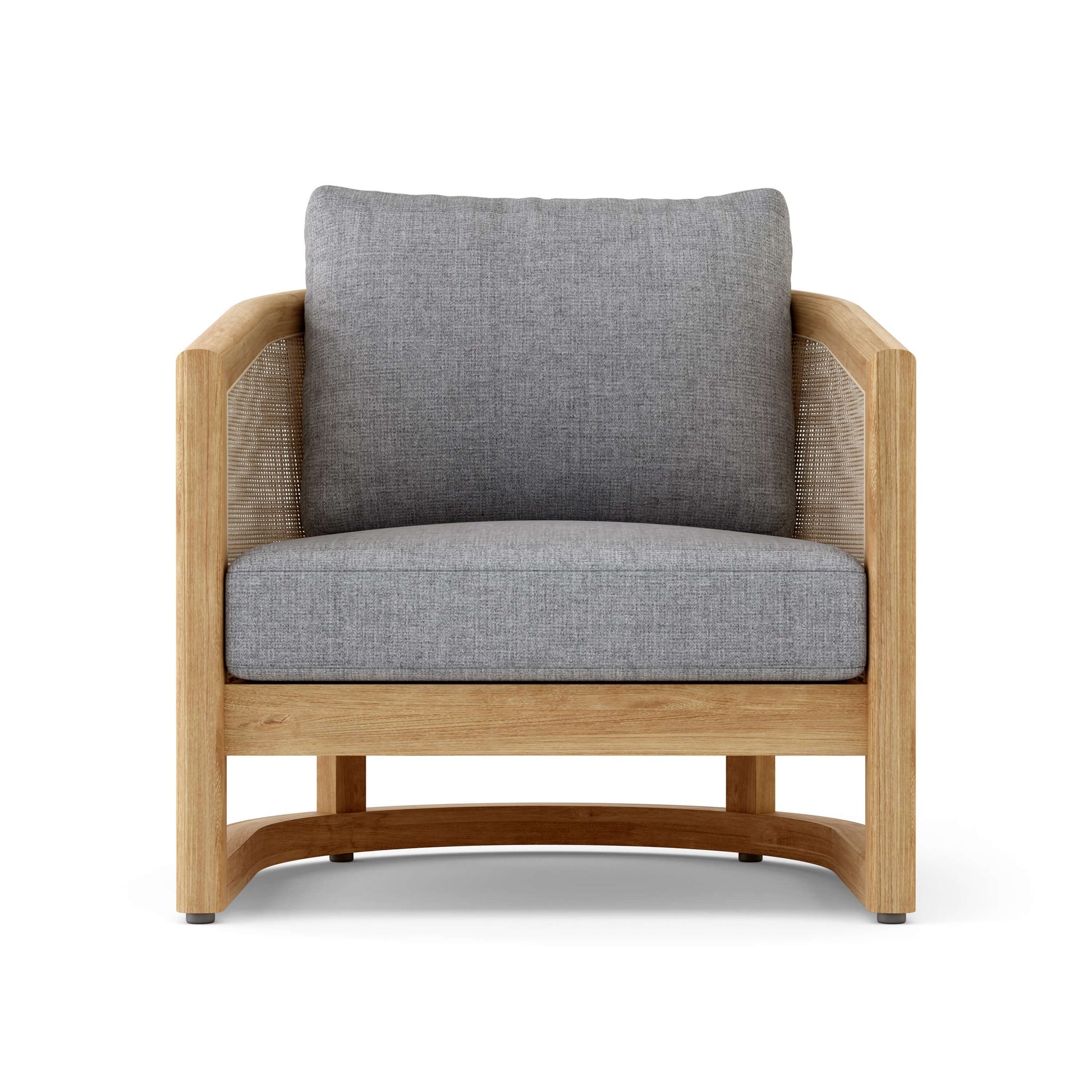 Chair with wooden frame and gray cushion on a white background