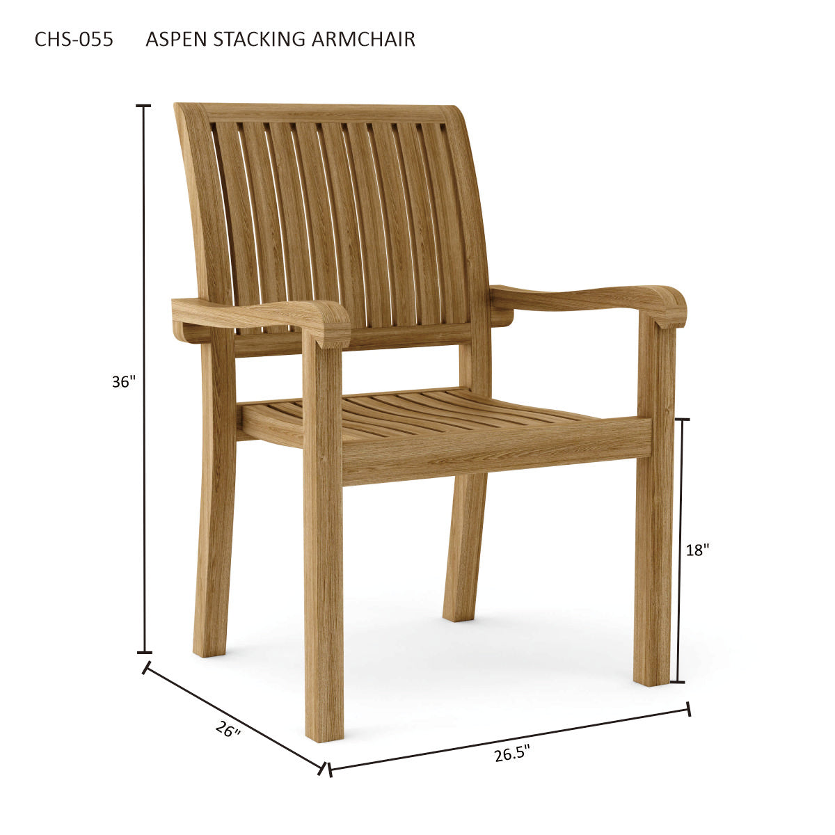 Anderson Teak Aspen Stackable Armchair Set of 4 - front view of solid teak stackable armchair