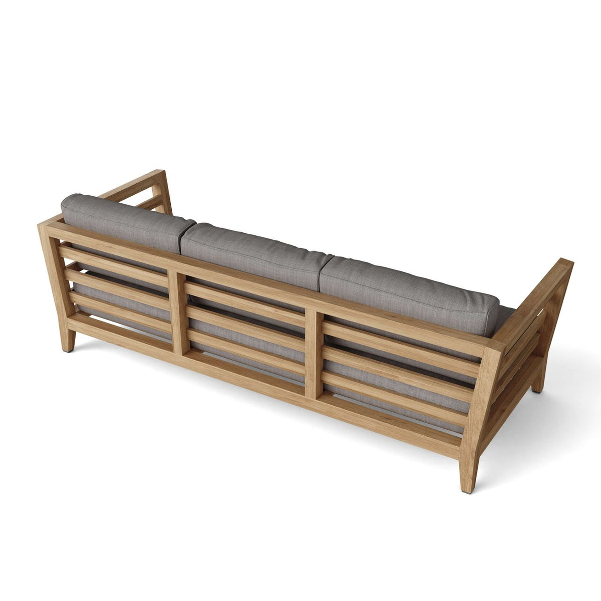 Wooden outdoor sofa with gray cushions on a white background