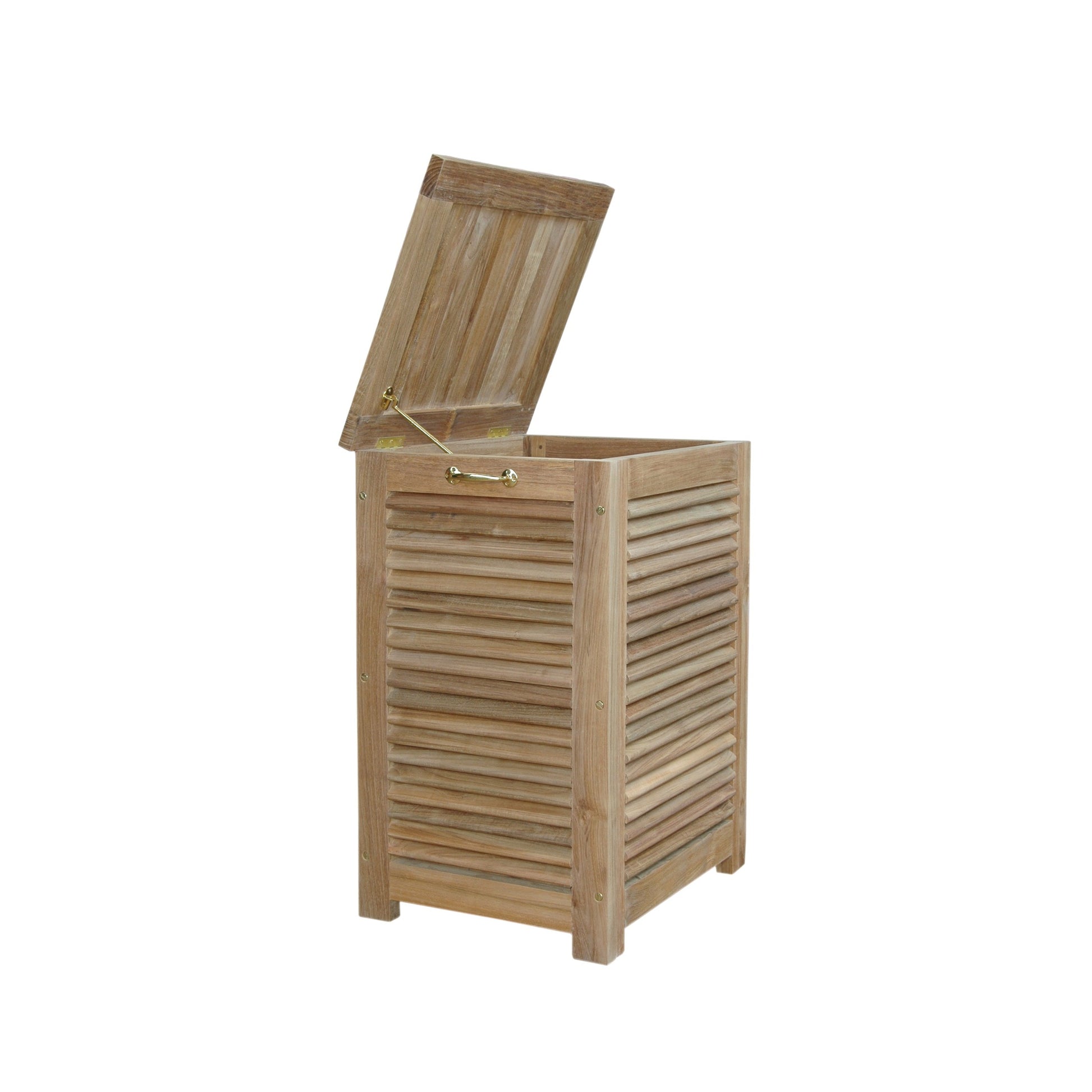 Wooden laundry basket with lid on a white background