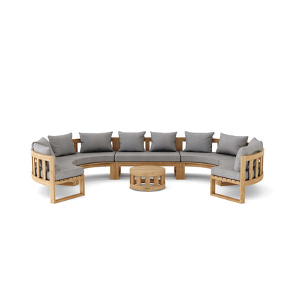 Wooden outdoor sofa set with gray cushions on a white background