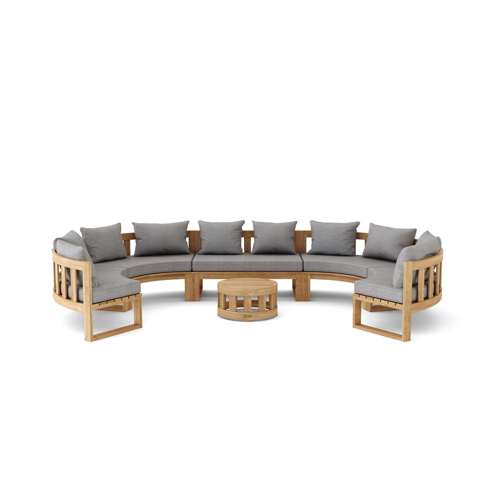 Wooden outdoor sofa set with gray cushions on a white background