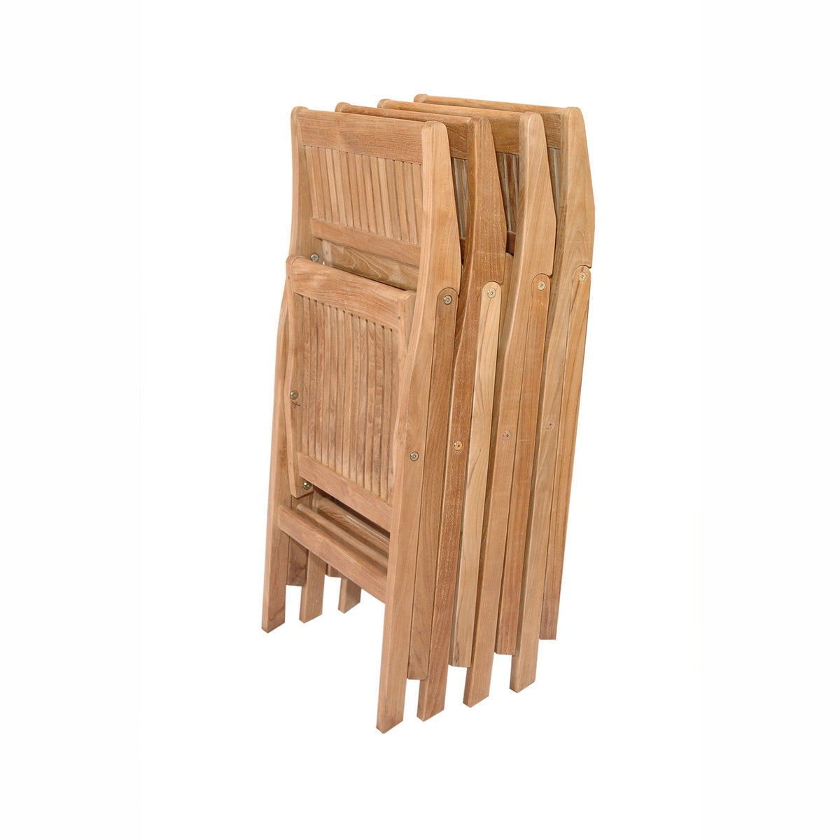 Set of wooden folding chairs stacked on a white background