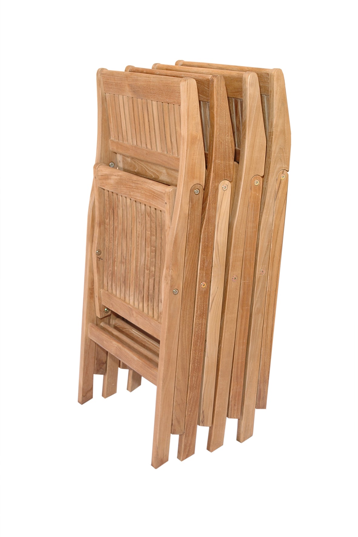 Set of wooden folding chairs stacked on a white background