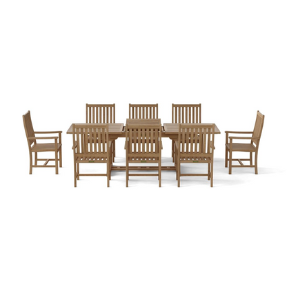 Wooden outdoor dining set with table and chairs on a white background