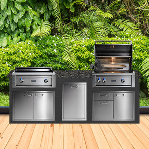 BetterPatio 8 Foot Luxury Outdoor Grill Island with Lynx Professional Grill, Griddle, Polished Black Granite Countertops