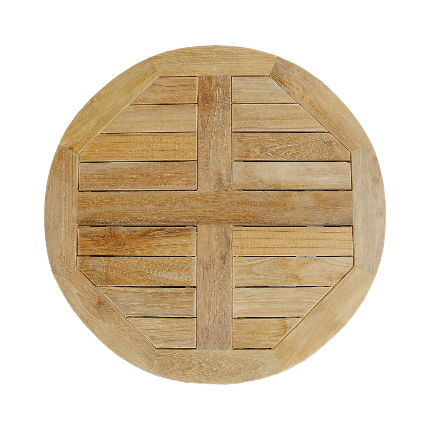 Round wooden mat with a checkered pattern on a white background