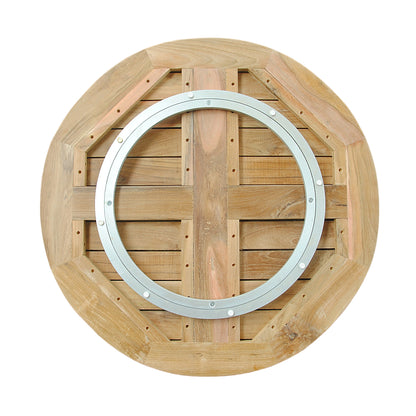 Wooden circular object with a metal ring on a white background
