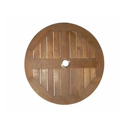 Round wooden disc with slats and a central hole on a white background