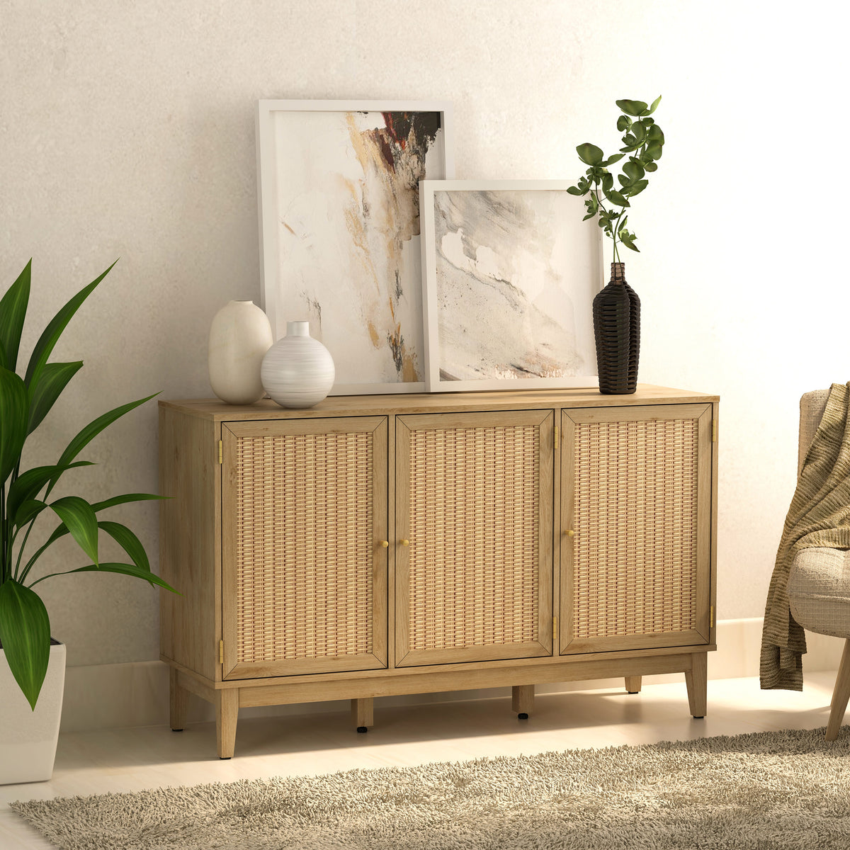 Wicker sideboard with decorative items in a room setting