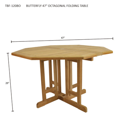 Wooden octagonal folding table with dimensions on a white background