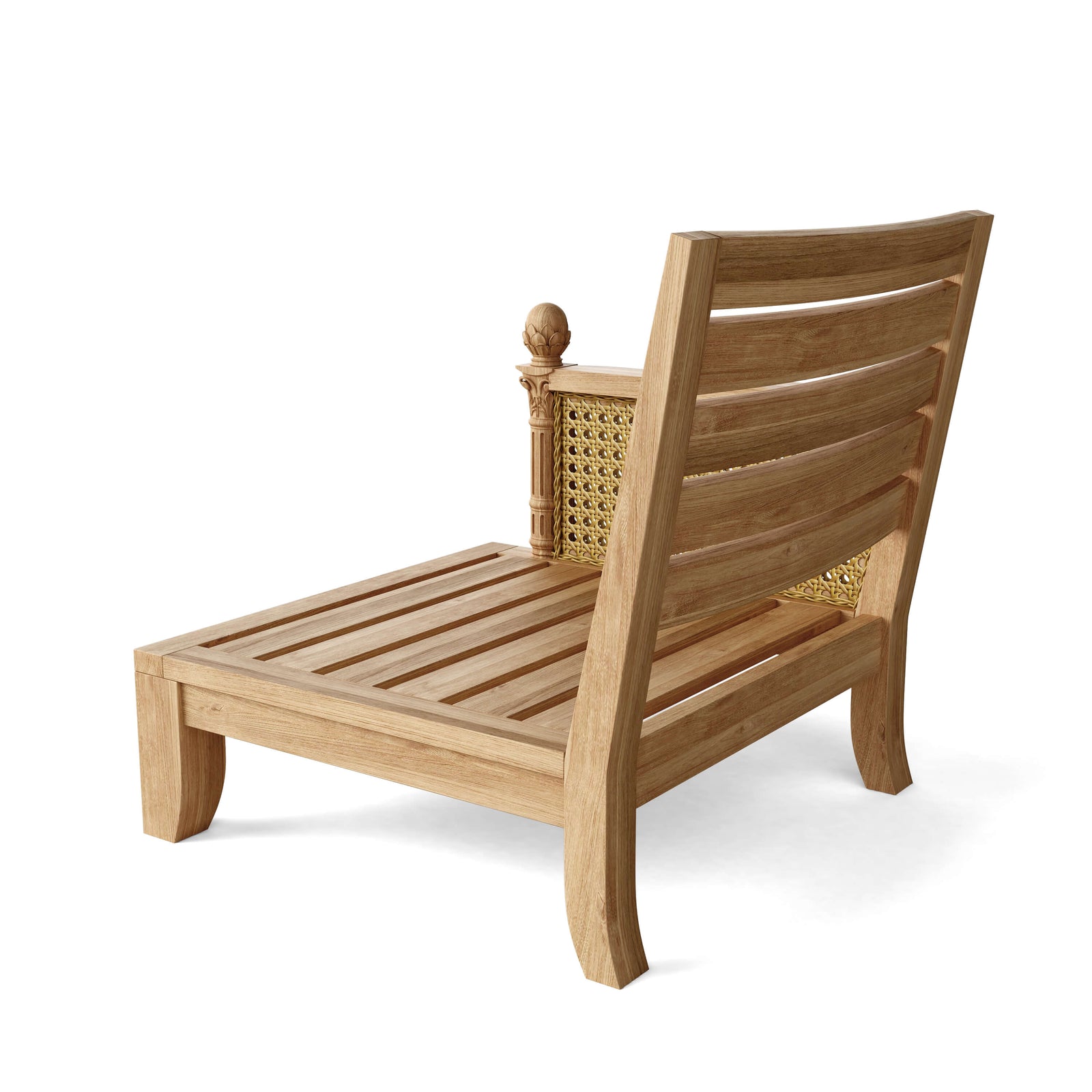 Wooden outdoor lounge chair with woven backrest on a white background