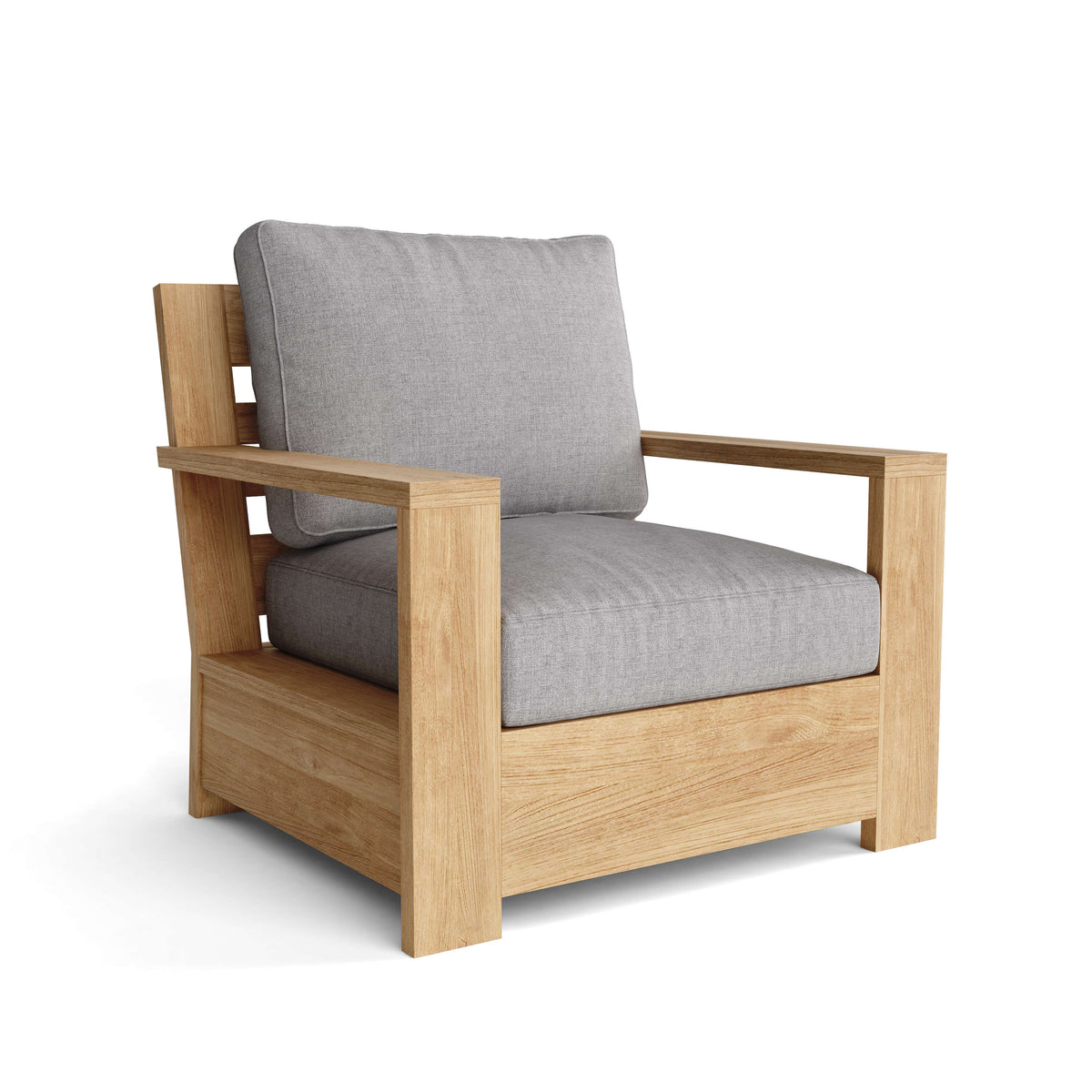 Wooden armchair with gray cushions on a white background