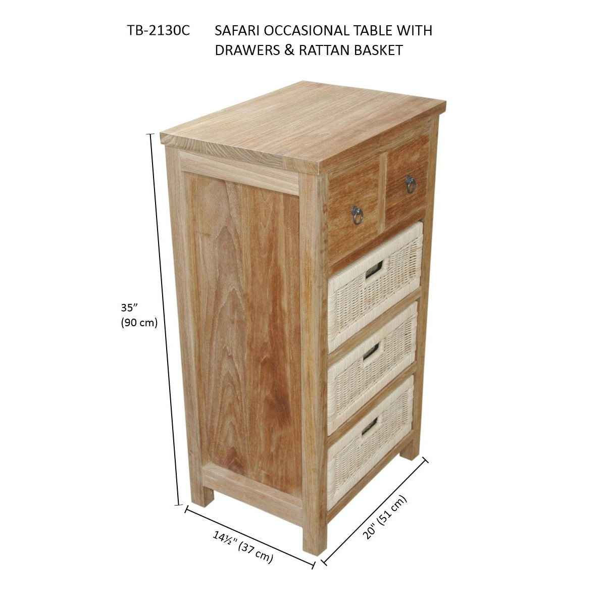 Safari occasional table with drawers and rattan basket, dimensions shown