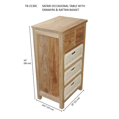Safari occasional table with drawers and rattan basket, dimensions shown