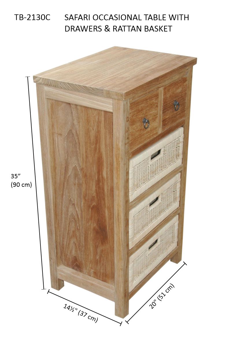 Safari occasional table with drawers and rattan basket, dimensions shown